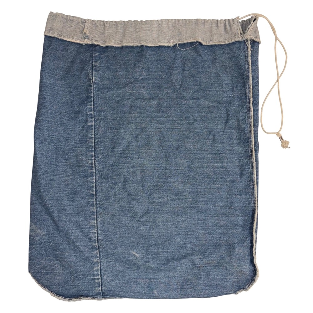 Vintage Repurposed Denim Drawstring Laundry Storage Bag Blue Jean Sack 19x24